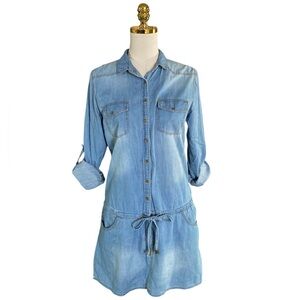 C’est Toi Women’s Chambray Cotton Denim Shirt Dress w/Waist Drawstring  Large